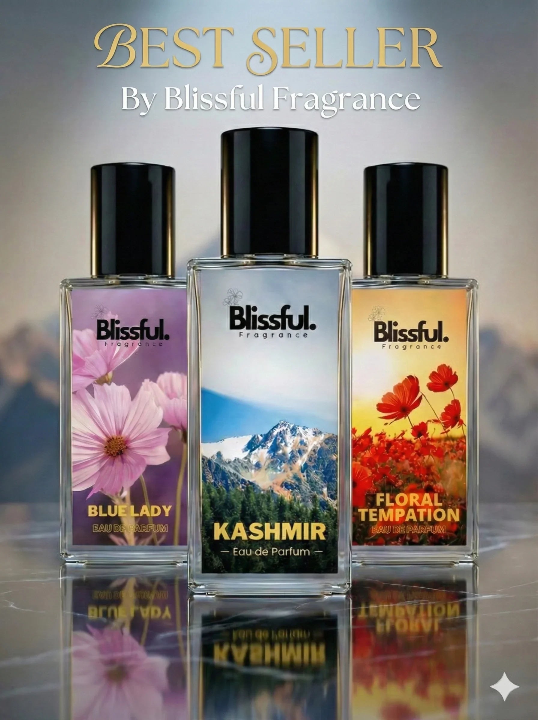 Three Blissful Fragrance best selling perfumes with floral and mountain-themed bottles: Blue Lady, Kashmir, Floral Temptation