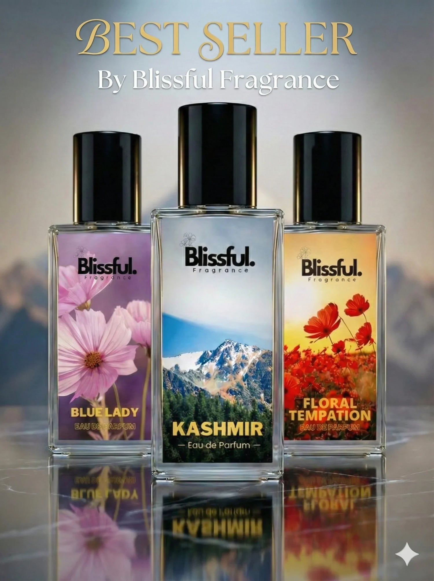 Three Blissful Fragrance best selling perfumes with floral and mountain-themed bottles: Blue Lady, Kashmir, Floral Temptation