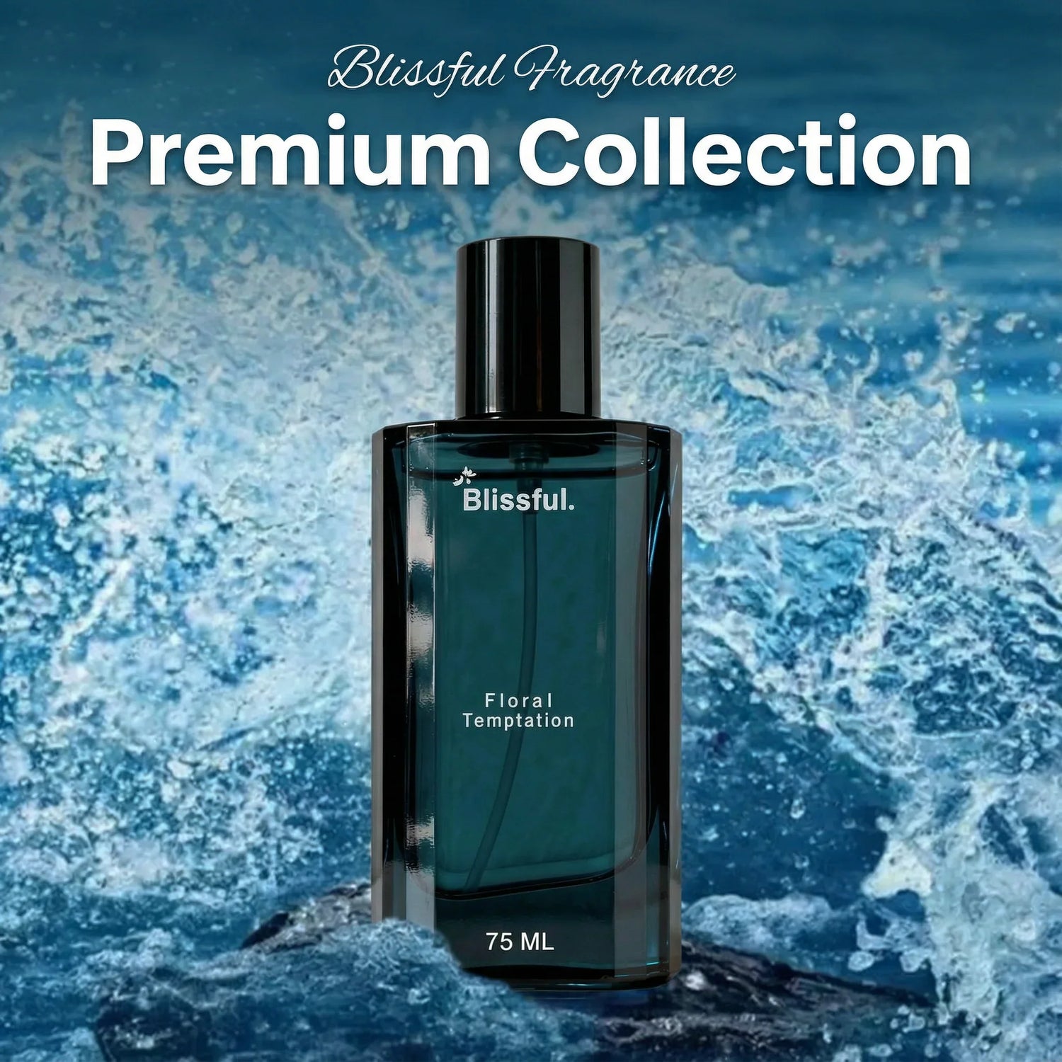 Blissful premium collection floral temptation perfume bottle 75ML with water splash background