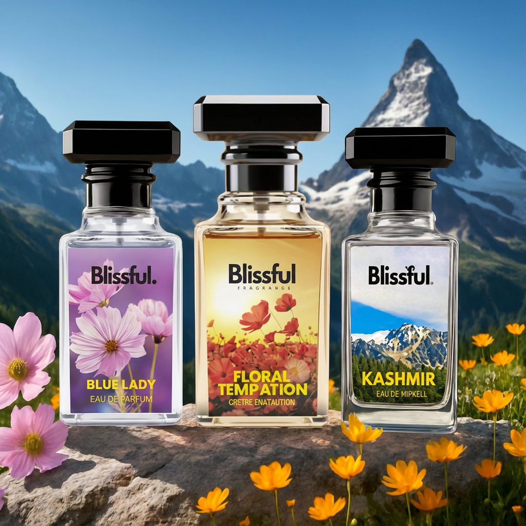 Three Blissful perfume bottles with floral and mountain labels set on rock with mountain backdrop and wildflowers