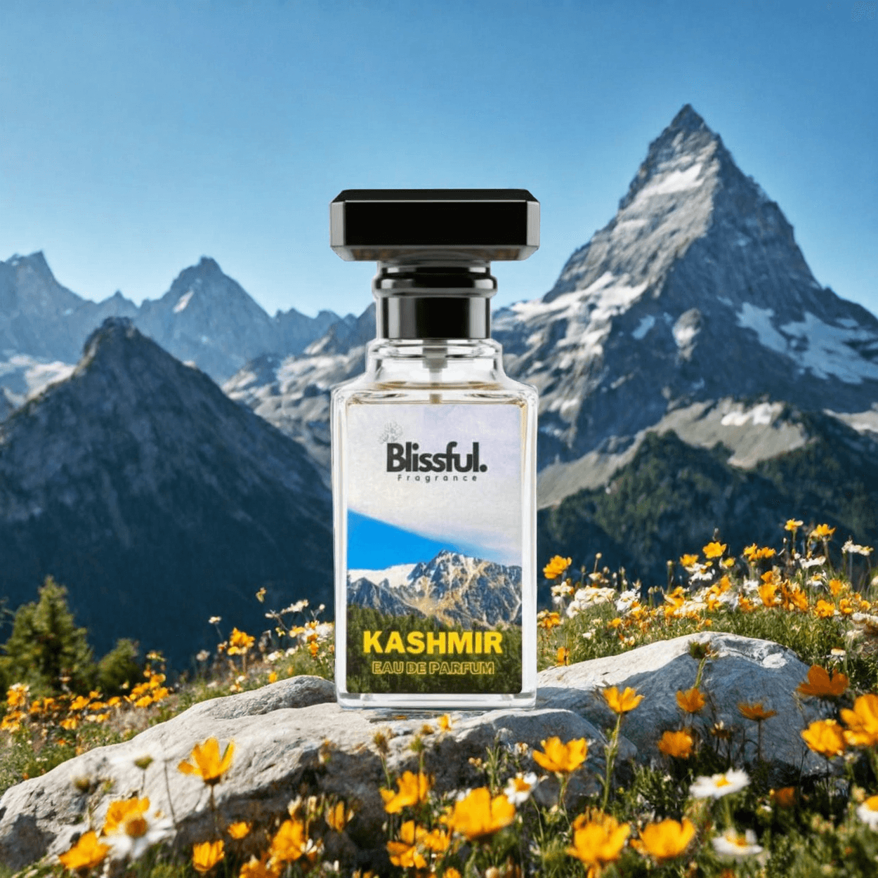 Blissful Kashmir Eau de Parfum bottle on rock with yellow flowers and snowy mountain backdrop