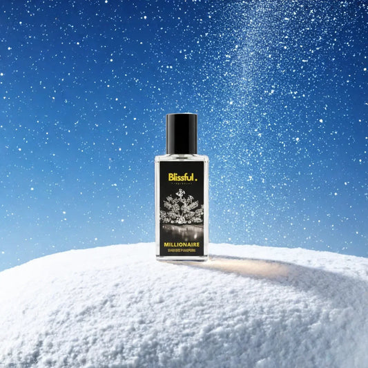Blissful Millionaire perfume bottle on snow with sparkling particles and blue sky background