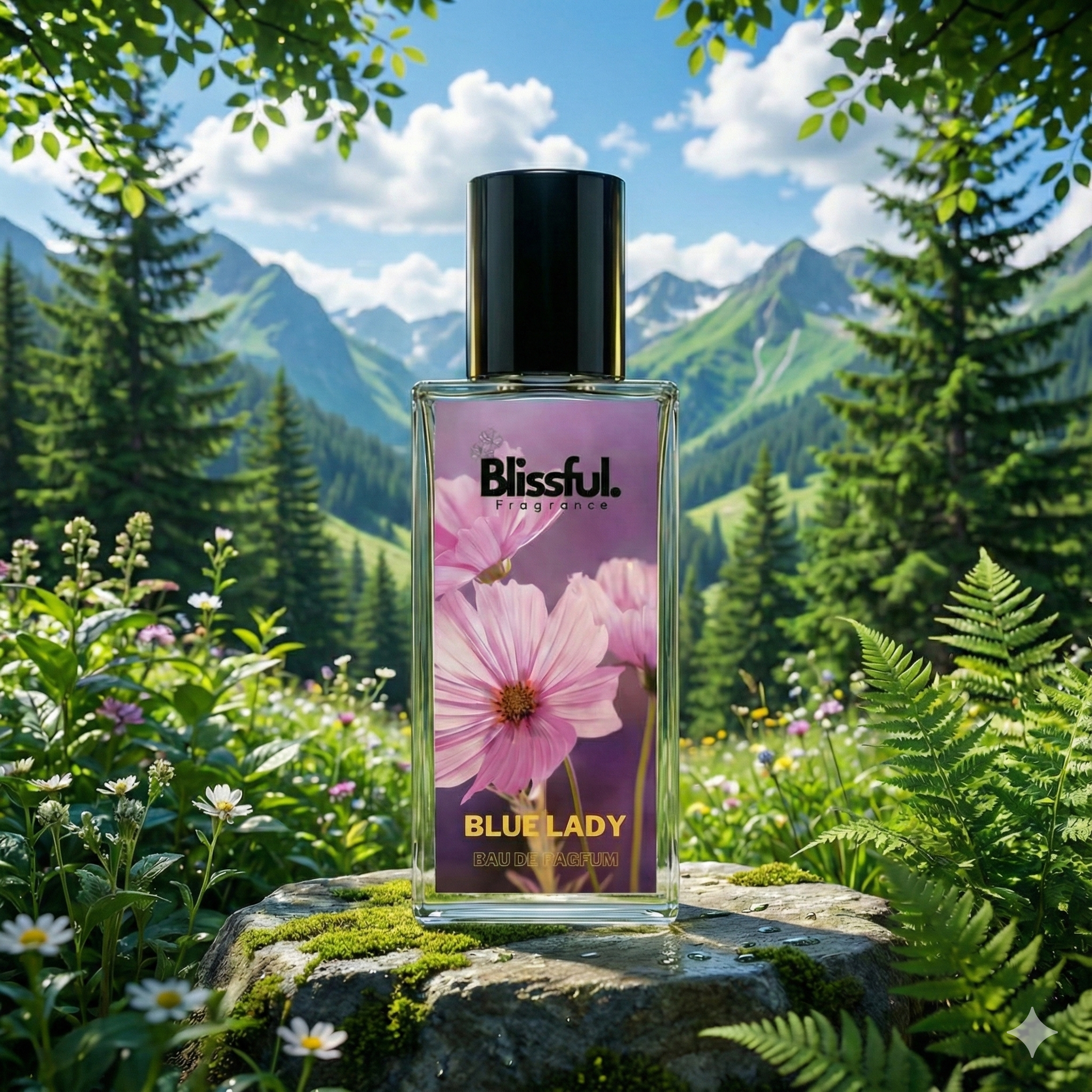 Blissful Blue Lady Eau de Parfum bottle with pink flowers on label, set on mossy rock in mountain meadow