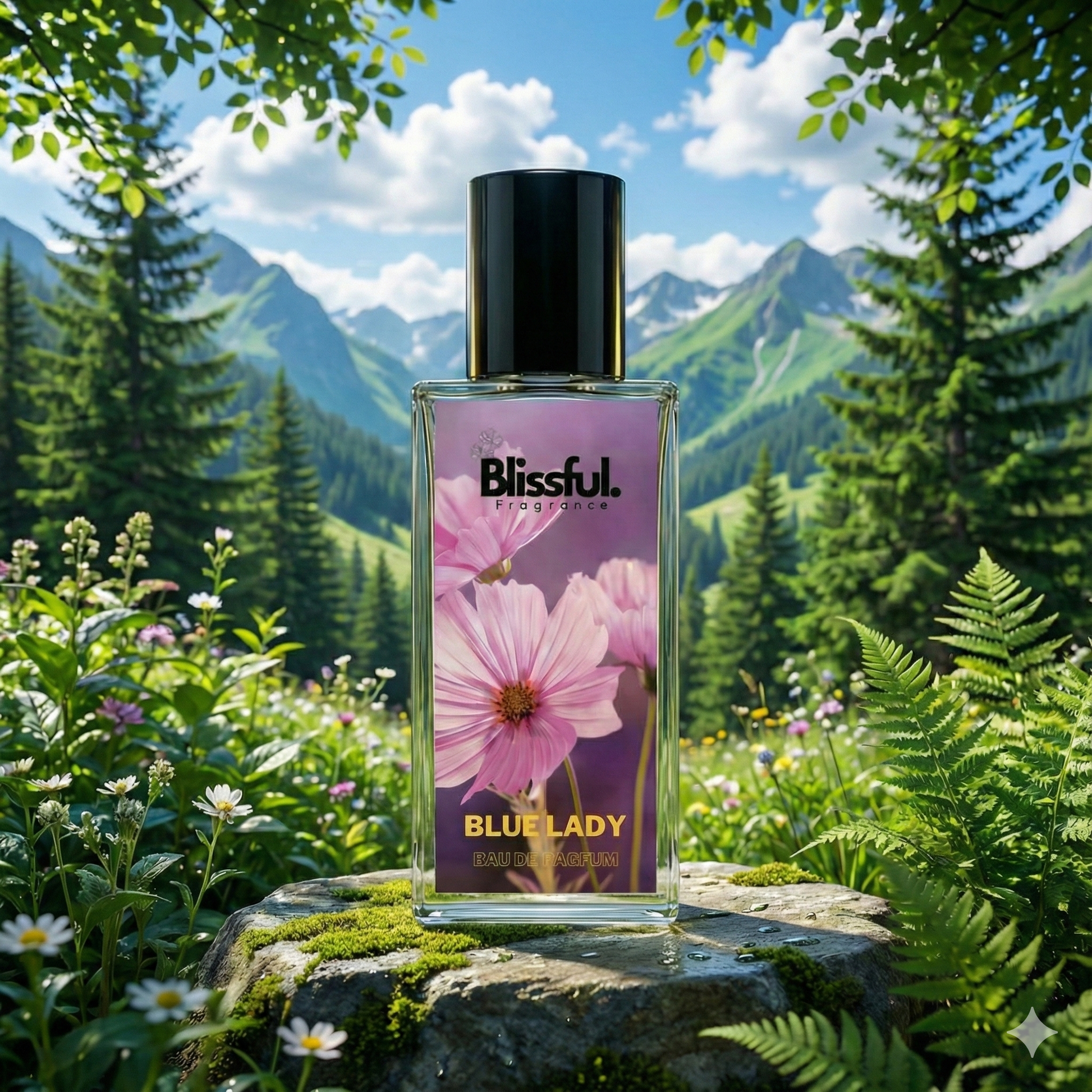 Blissful Blue Lady Eau de Parfum bottle with pink flowers on label, set on mossy rock in mountain meadow