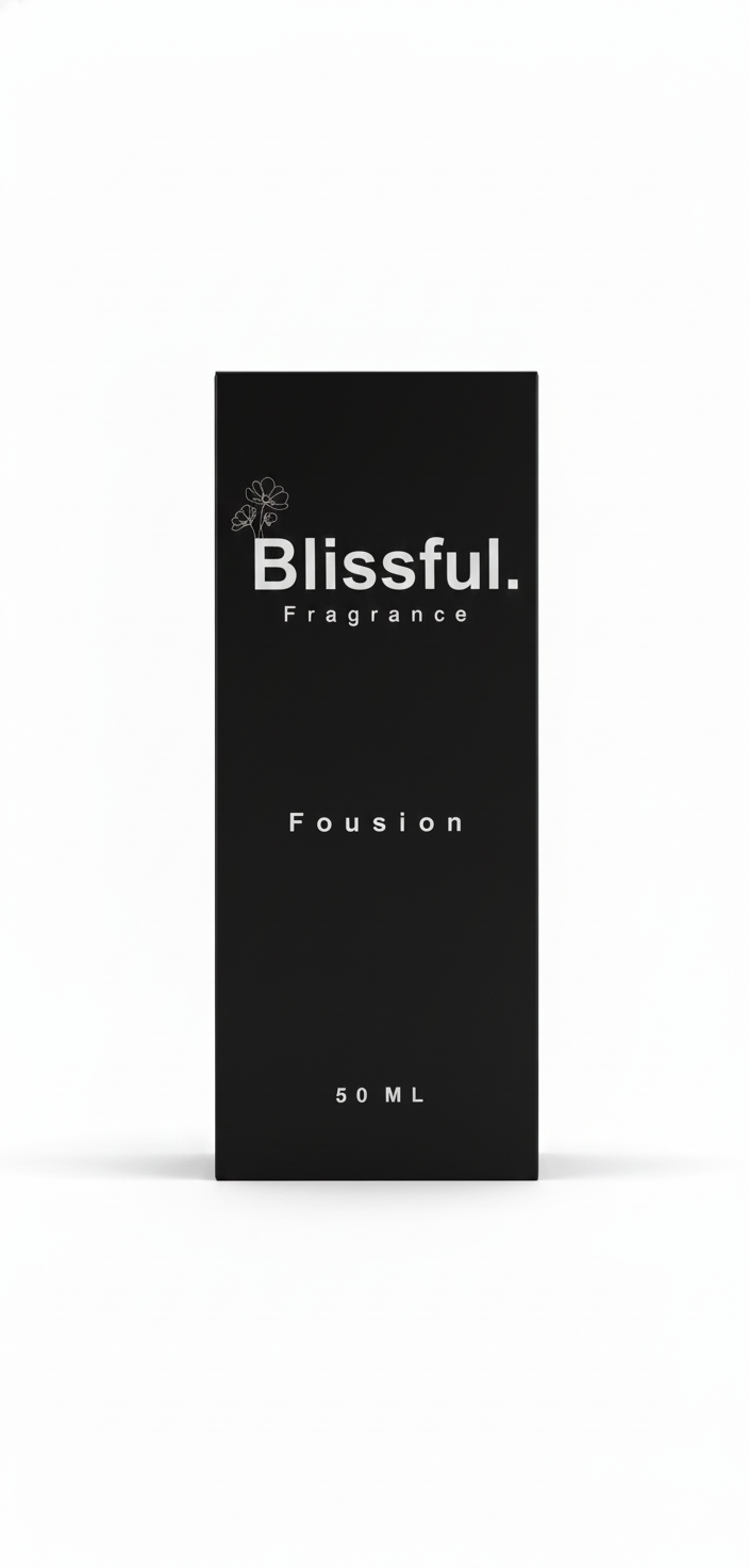 Black Blissful Fragrance Fousion 50 ML perfume box with simple white text and floral outline