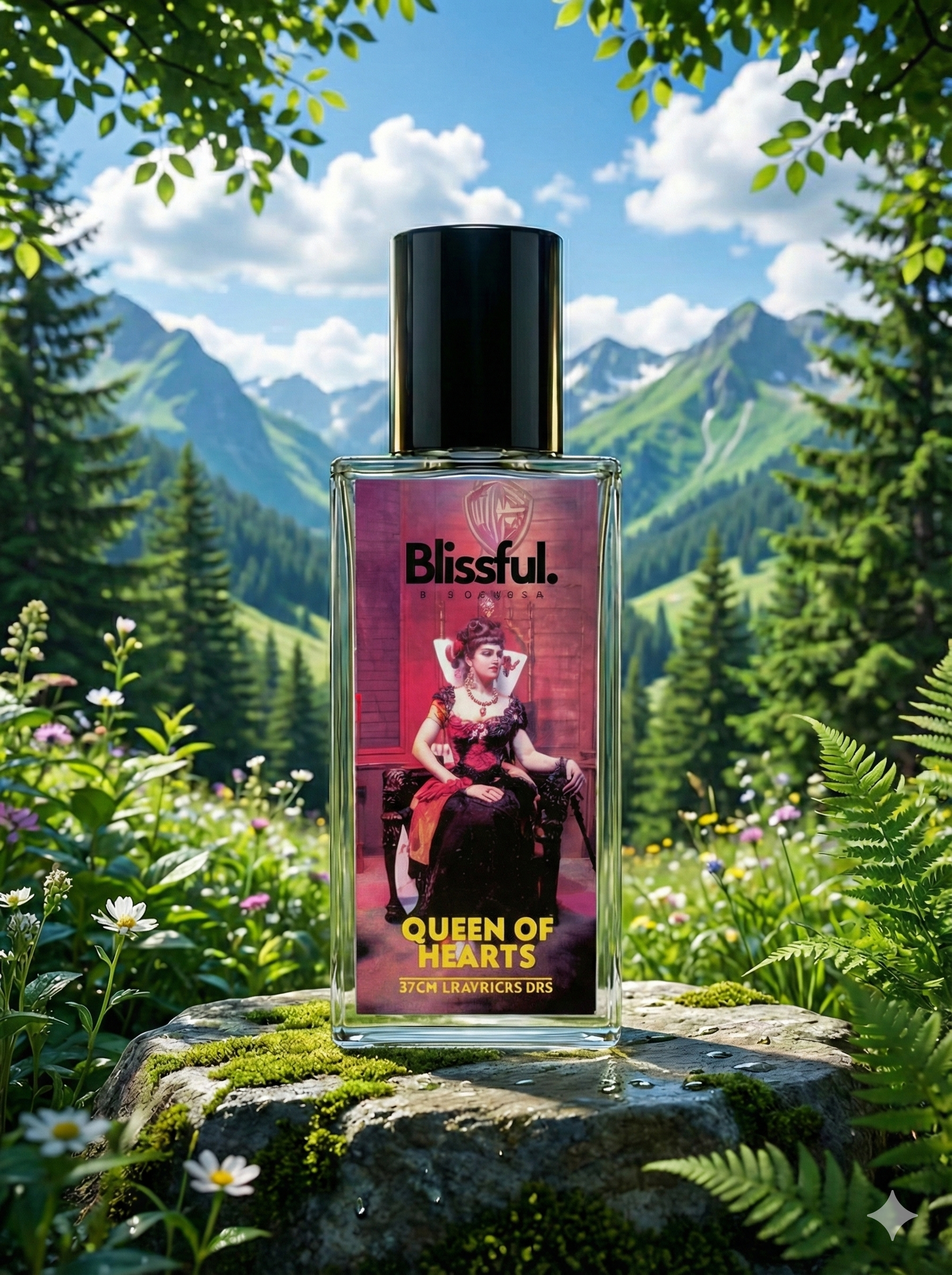 Blissful Queen of Hearts perfume bottle on mossy stone with wildflowers and mountain landscape