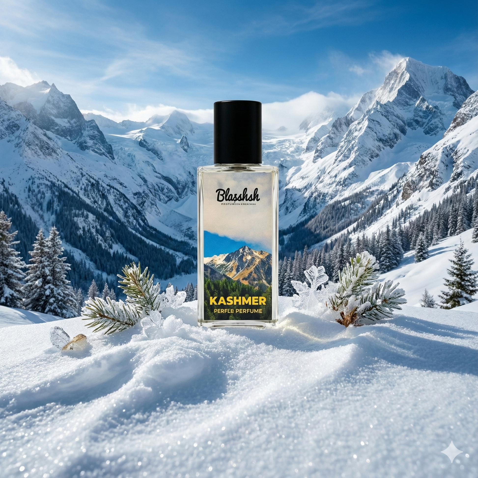 Blassh Kashmer perfume bottle on snow with pine branches, snowy mountain landscape in background
