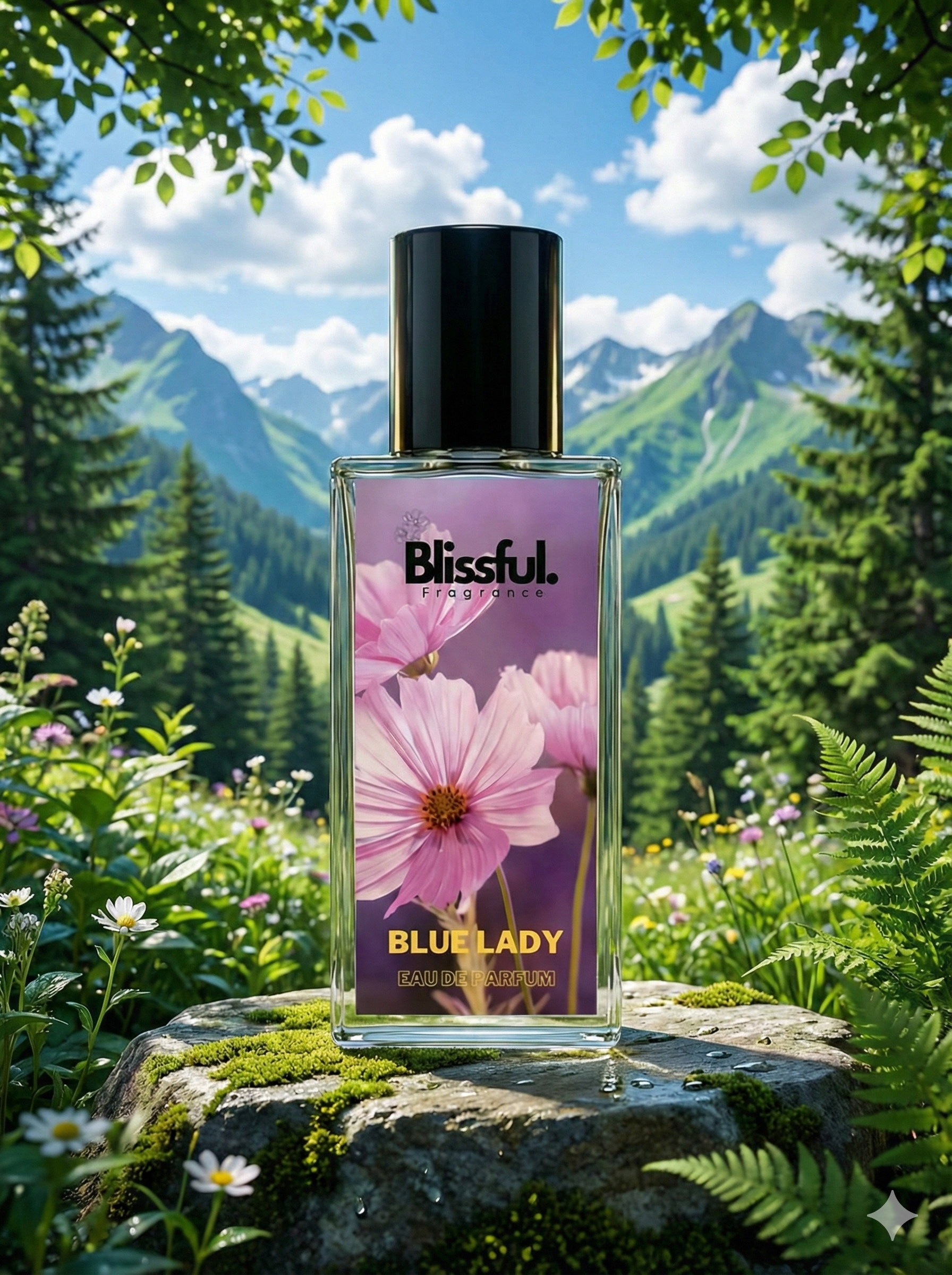 Blissful Blue Lady perfume bottle with pink flowers on label, set on mossy rock in mountain meadow