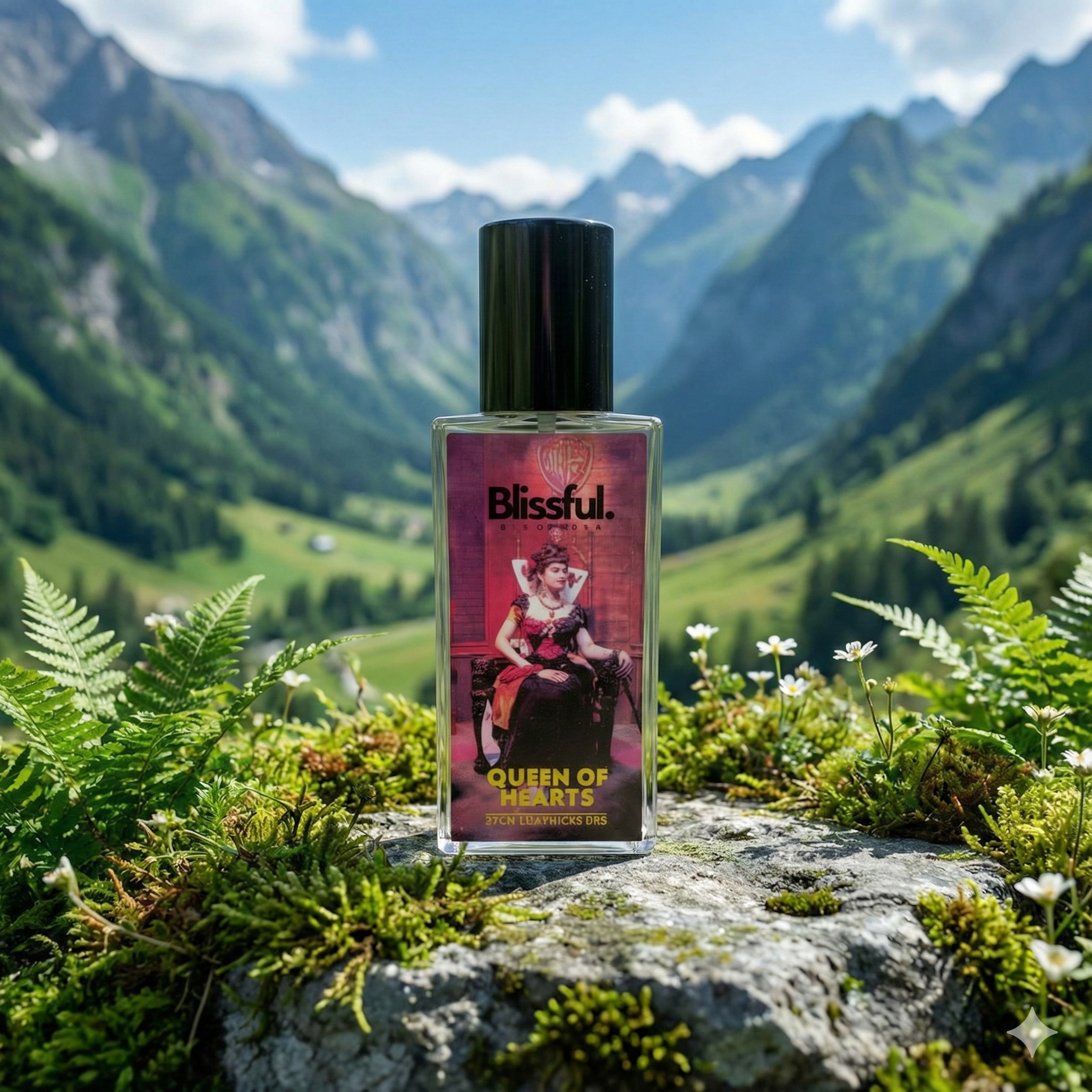 Blissful Queen of Hearts perfume bottle on mossy rock with green mountains and blue sky background
