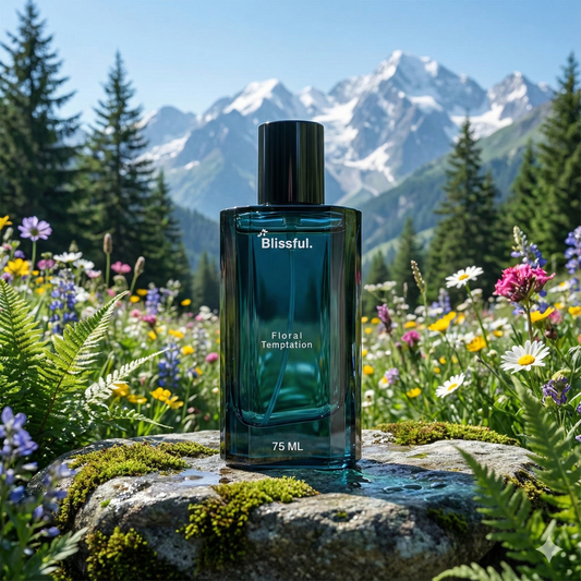 Blissful Floral Temptation perfume bottle on mossy rock with colorful wildflowers and snowy mountains