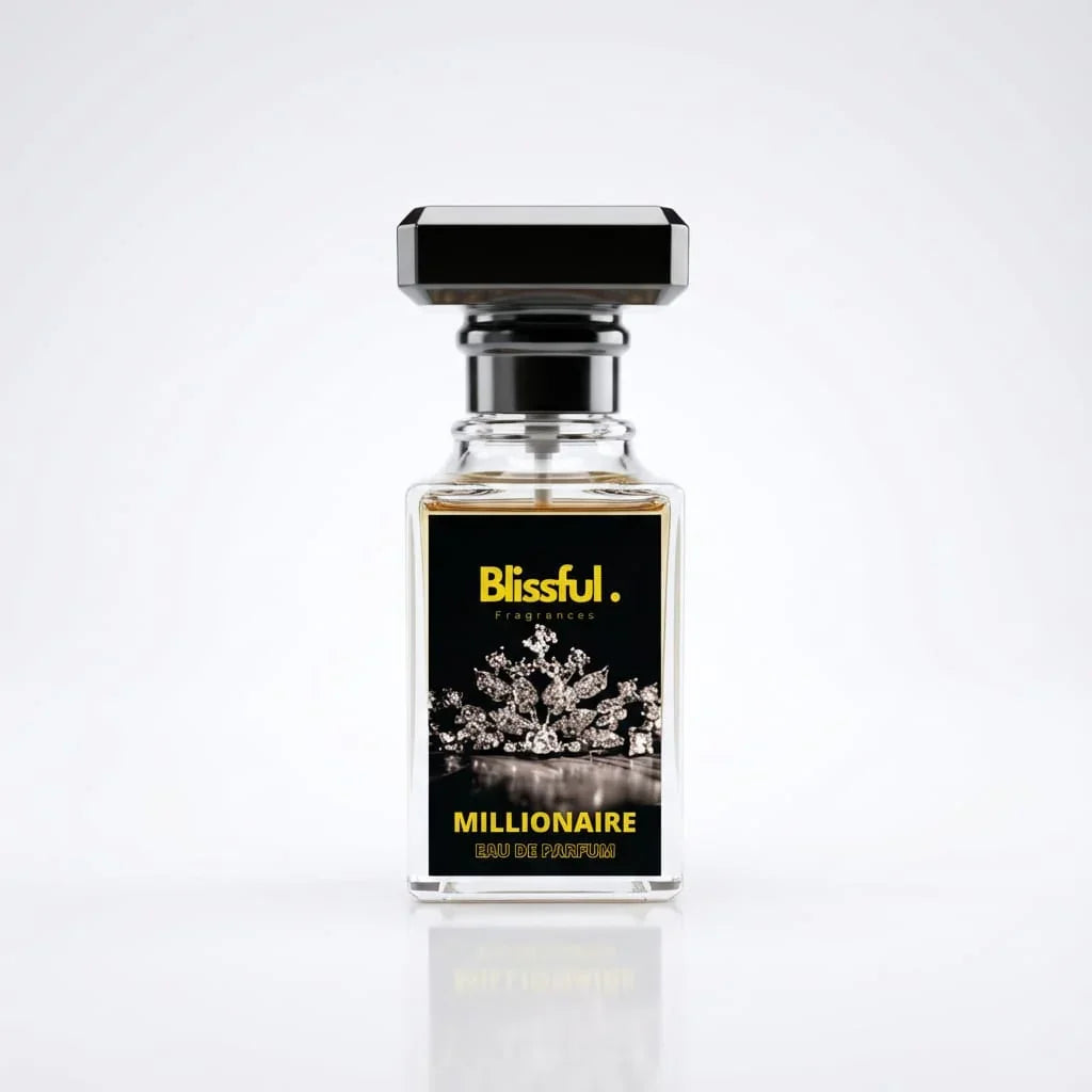 Blissful Millionaire Eau de Parfum in clear glass bottle with black and gold label and black cap