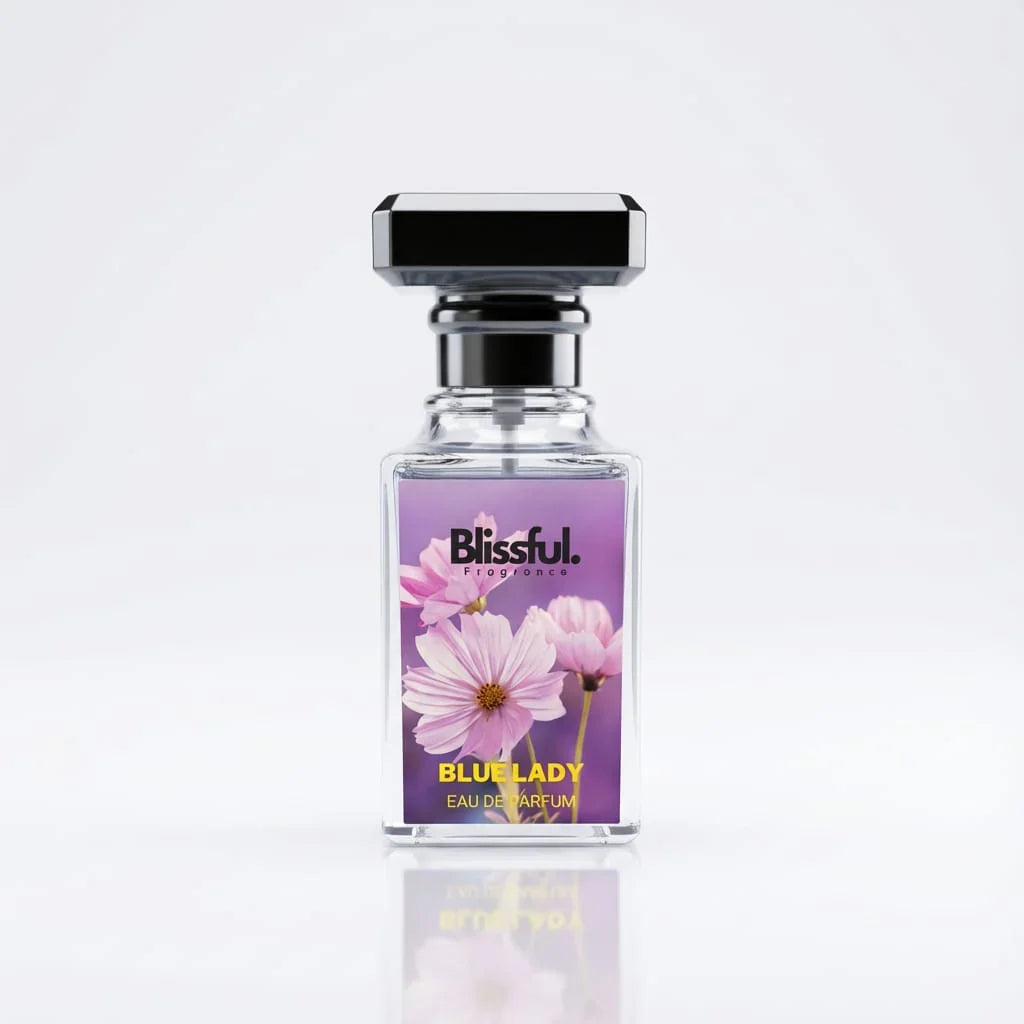 Blissful fragrance Blue Lady eau de parfum bottle with pink flowers on purple label