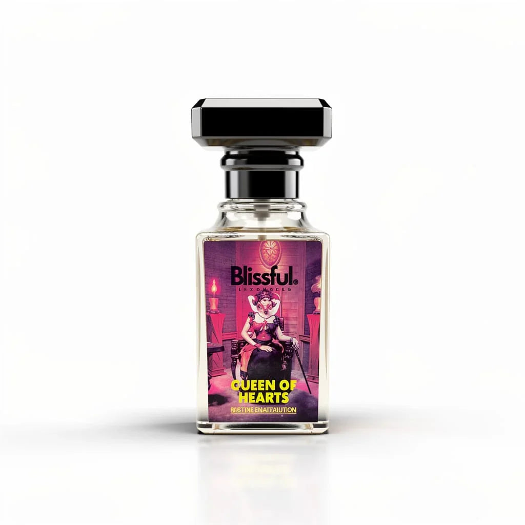 Blissful perfume bottle with Queen of Hearts label featuring a regal woman in vintage style
