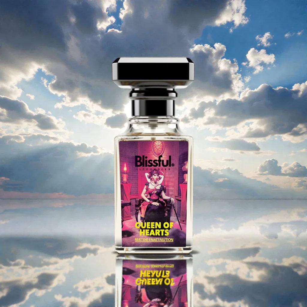 Blissful Queen of Hearts perfume bottle on reflective surface with dramatic cloudy sky background