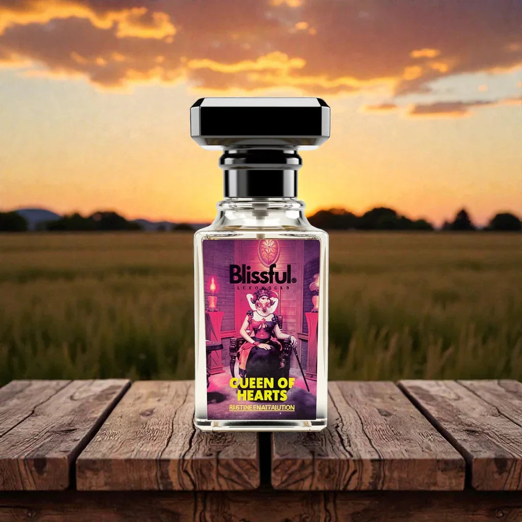Blissful Queen of Hearts perfume bottle on wooden table with sunset and field background