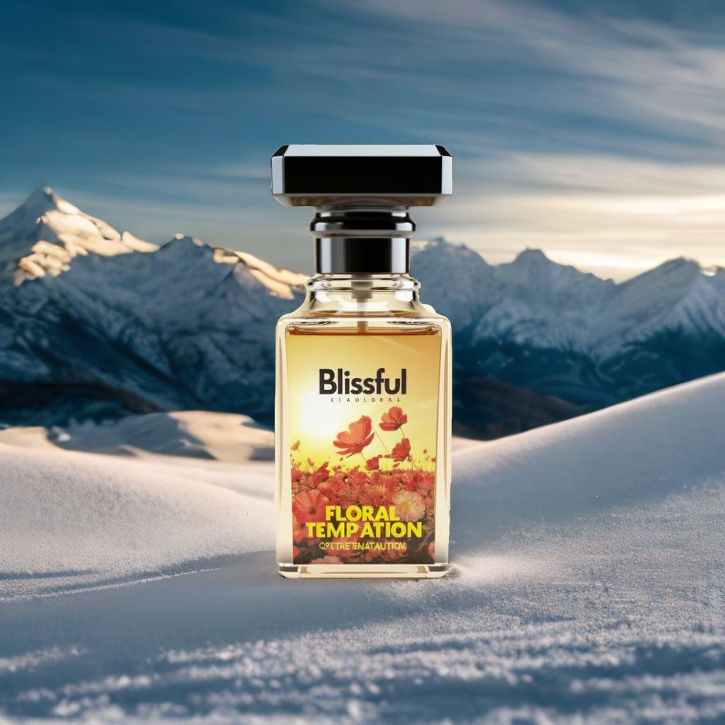 Blissful Floral Temptation perfume bottle on snowy mountain with floral design and clear sky