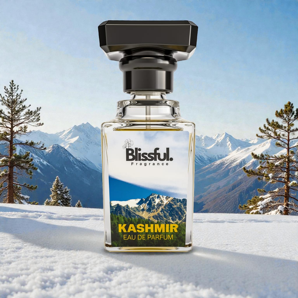 Blissful Kashmir Eau de Parfum bottle with snowy mountain background and pine trees