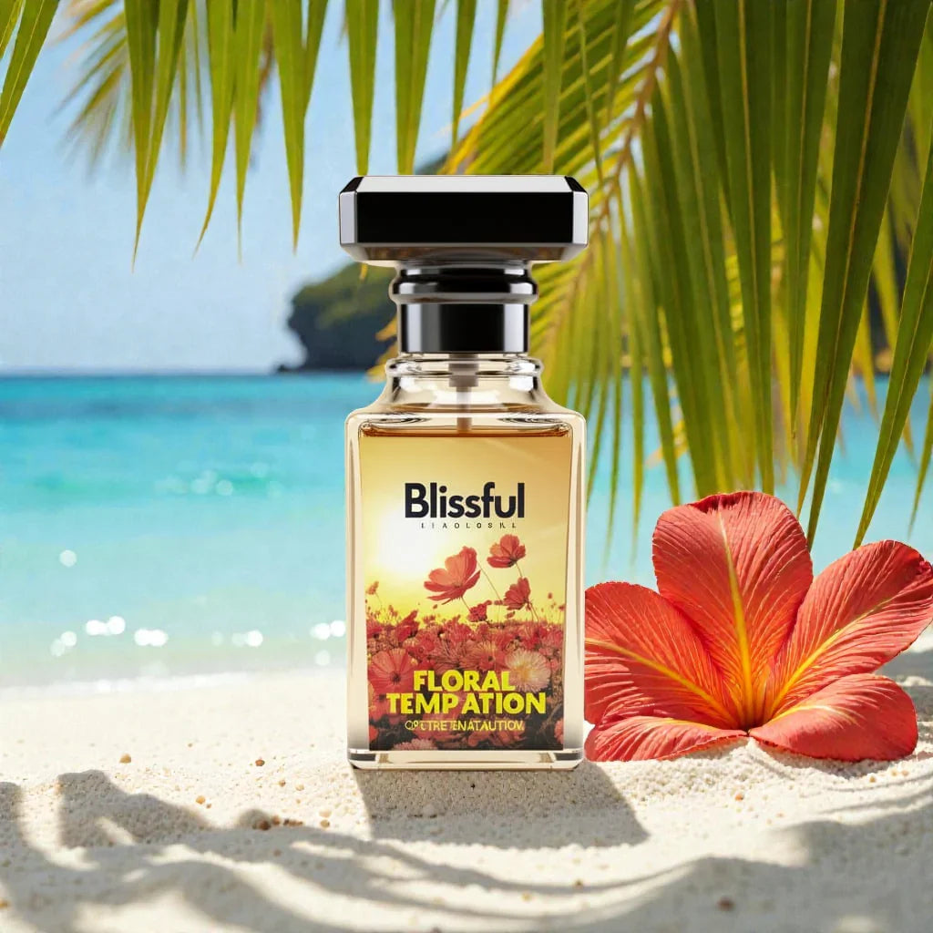 Blissful Floral Temptation perfume bottle on sandy beach with tropical palm leaves and red flower