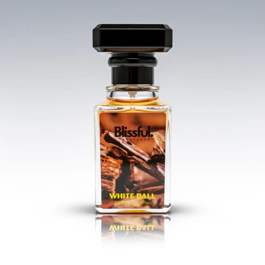 Blissful White Ball fragrance bottle with black cap and cinnamon bark label