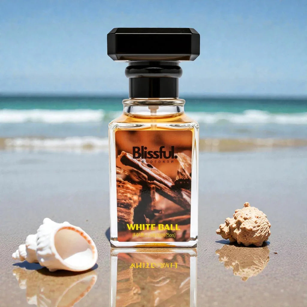 Blissful White Ball perfume bottle on beach sand with seashells and ocean waves background