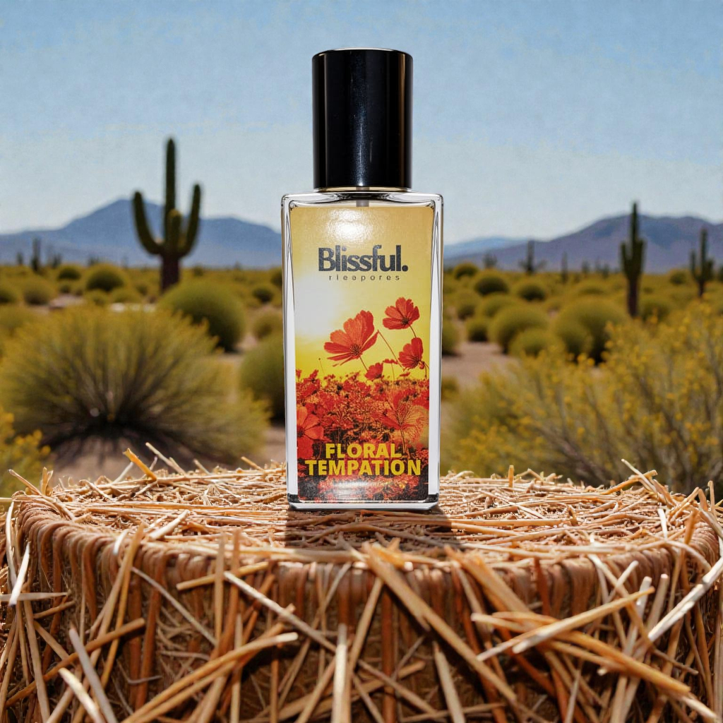 Blissful Floral Temptation perfume bottle on straw bale with desert cacti and mountains background