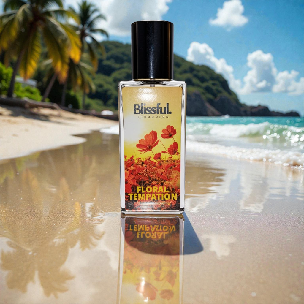 Blissful Floral Temptation perfume bottle on sandy beach with palm trees and ocean waves