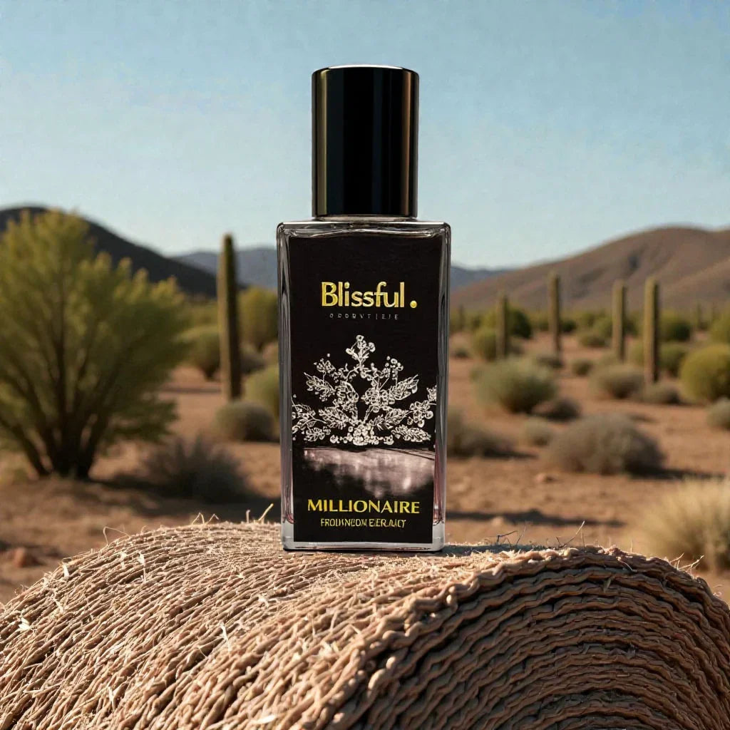 Blissful Millionaire perfume bottle on textured surface with desert landscape and cacti background