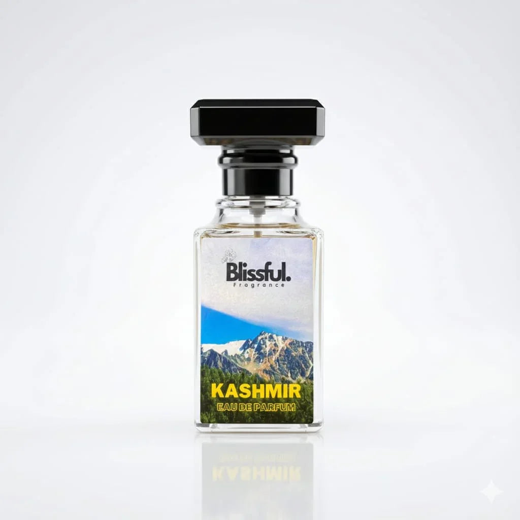Blissful Kashmir Eau de Parfum bottle with mountain landscape label and black cap