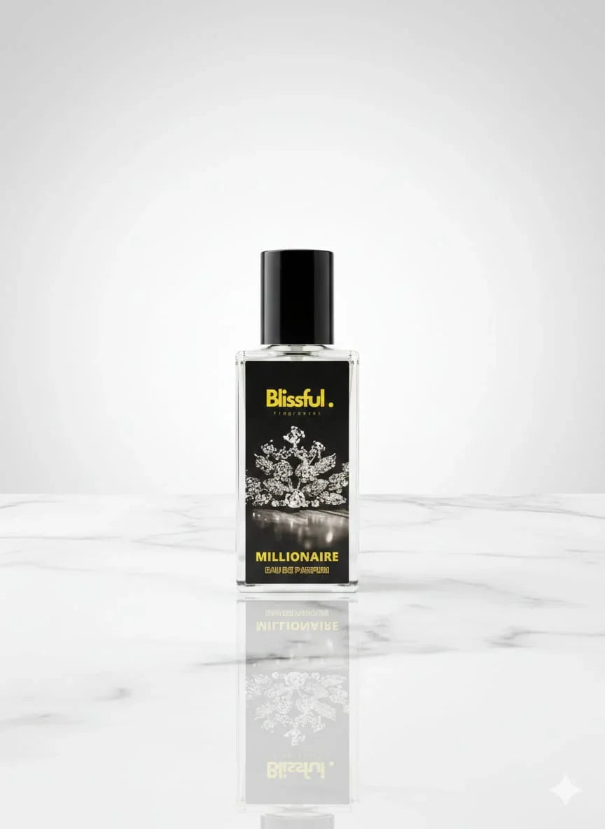 Blissful Millionaire Eau de Parfum bottle with black and gold label on white marble surface