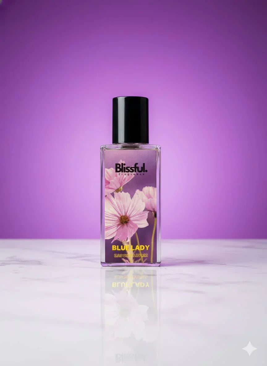 Blissful Blue Lady eau de parfum bottle with pink flowers on purple background