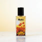 Blissful Floral Temptation eau de parfum bottle with orange flowers and black cap on white surface