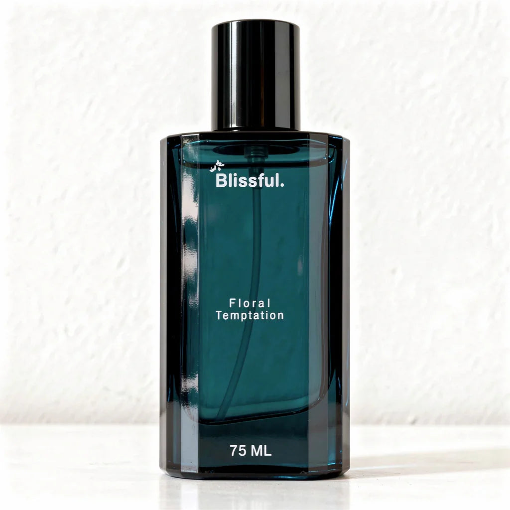Blissful Floral Temptation 75 ML blue perfume bottle with black cap on white surface