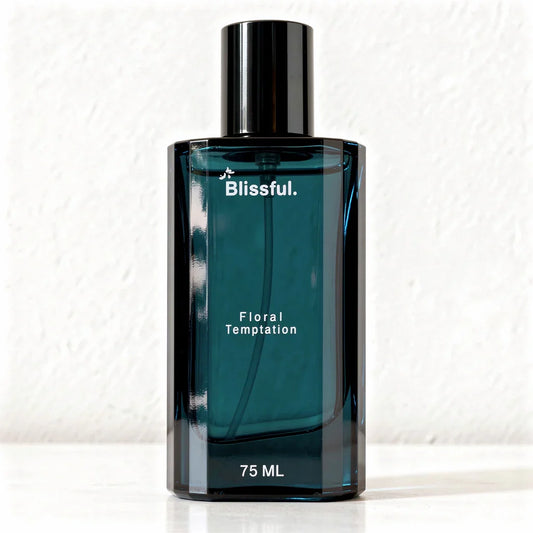 Blissful Floral Temptation 75 ML blue perfume bottle with black cap on white surface
