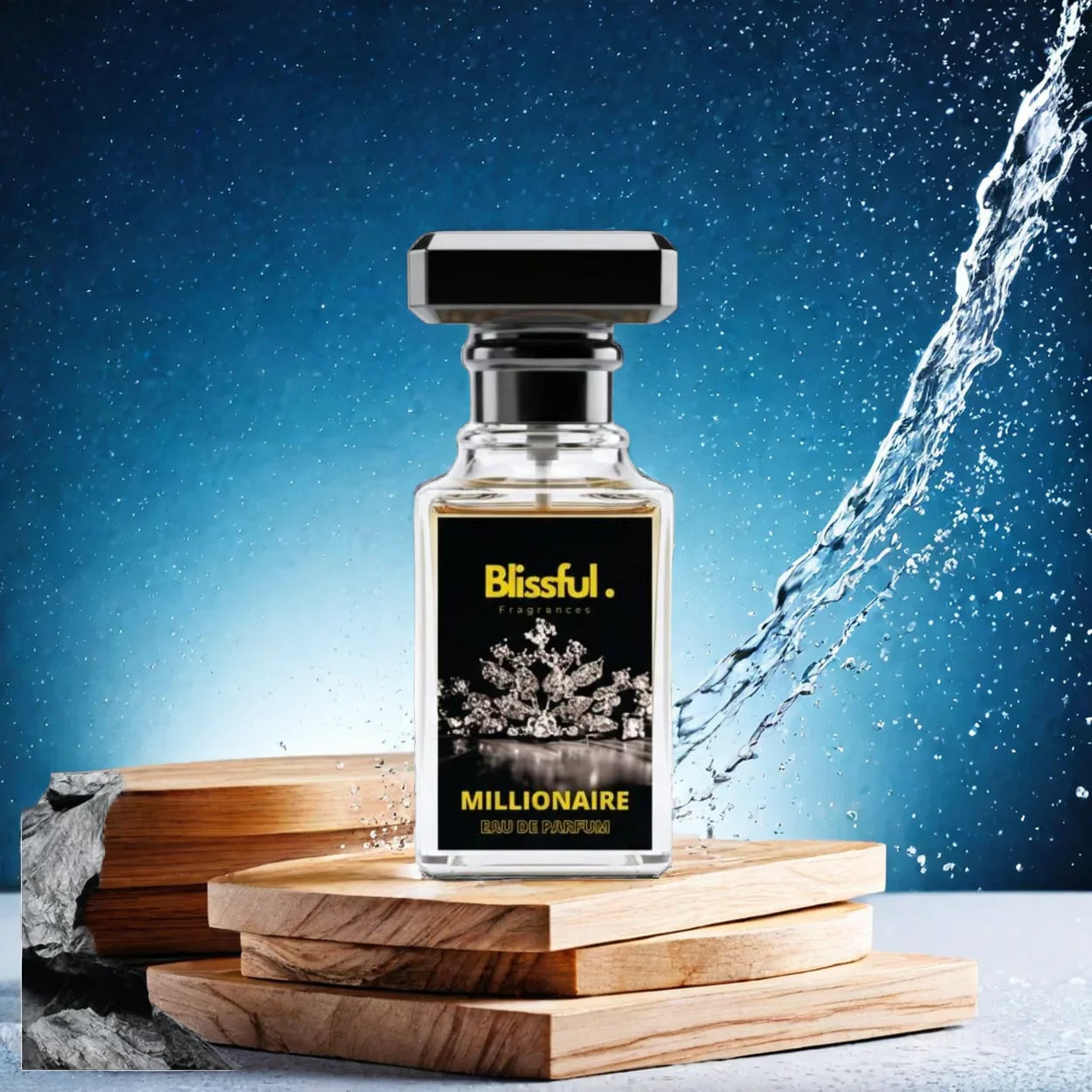 Blissful Millionaire Eau de Parfum glass bottle on stacked wood with water splash and blue background