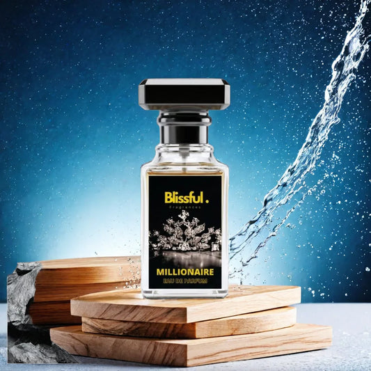 Blissful Millionaire Eau de Parfum glass bottle on stacked wood with water splash and blue background