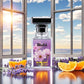 Blissful Blue Lady eau de parfum bottle with floral design, lavender sprigs, and orange slices by window