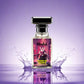 Blissful Queen of Hearts perfume bottle with purple water splash on lavender background
