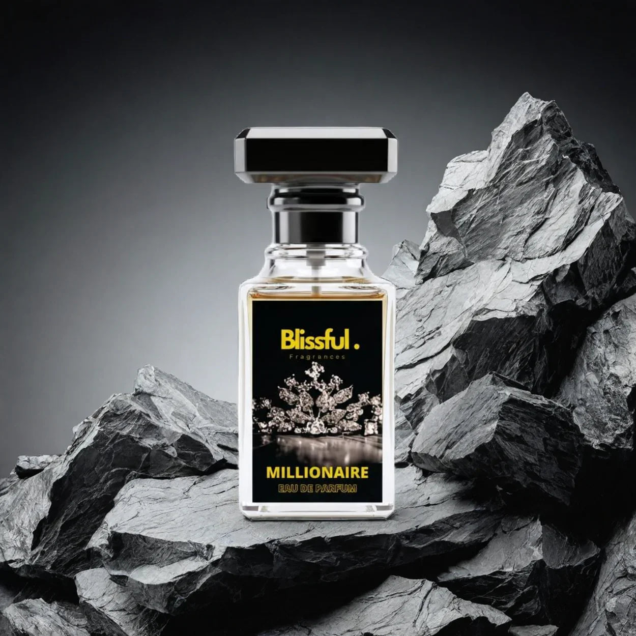 Blissful Millionaire Eau de Parfum bottle with diamond crown design on black label on dark rocky background