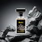 Blissful Millionaire Eau de Parfum bottle with diamond crown design on black label on dark rocky background